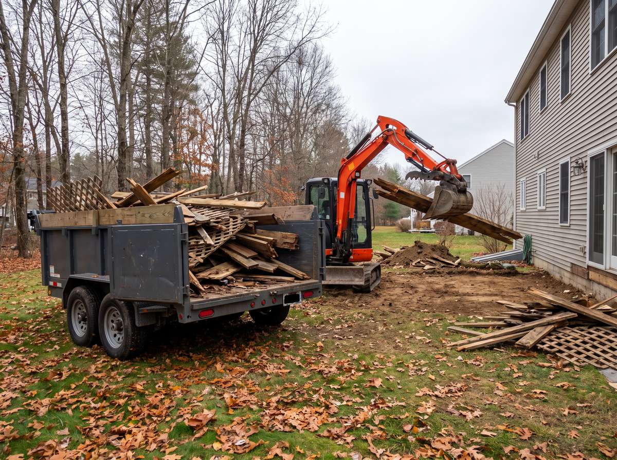 Dump trailer loaded with torn-out deck boards next to a mini excavator, illustrating demolition and junk removal
