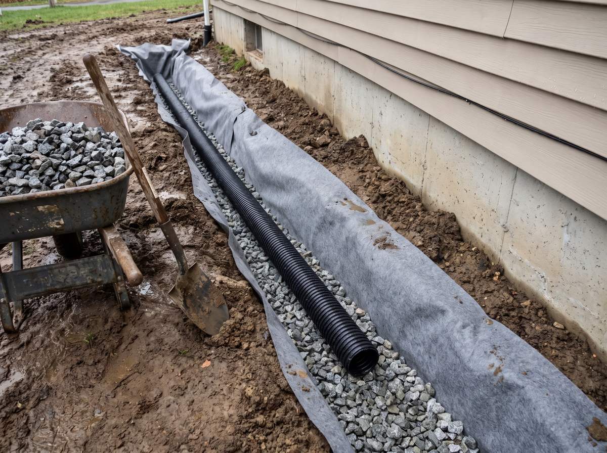 French drain trench with fabric, stone and perforated pipe along a foundation, illustrating drainage work