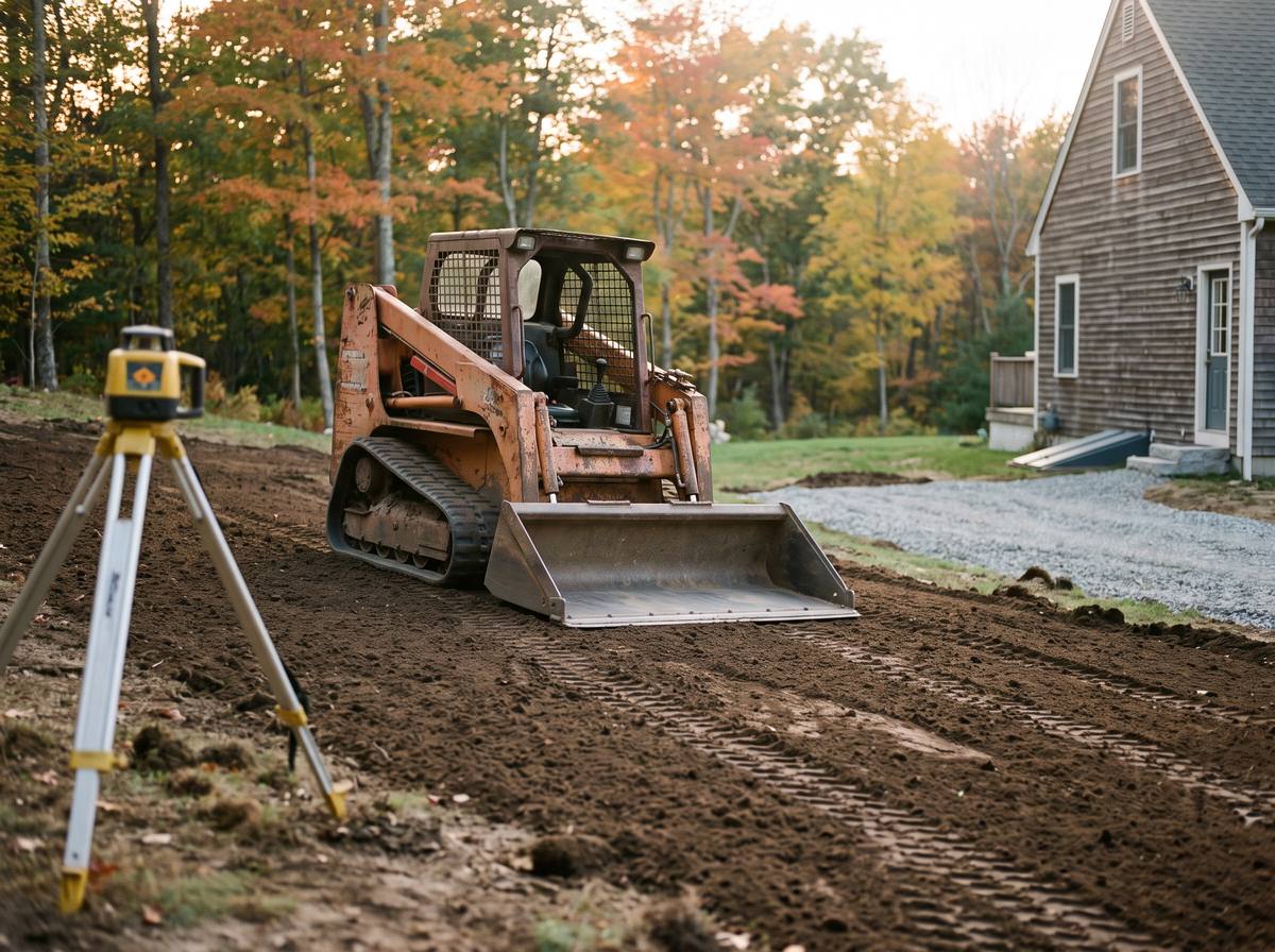 Track loader grading topsoil with a laser level on a tripod nearby