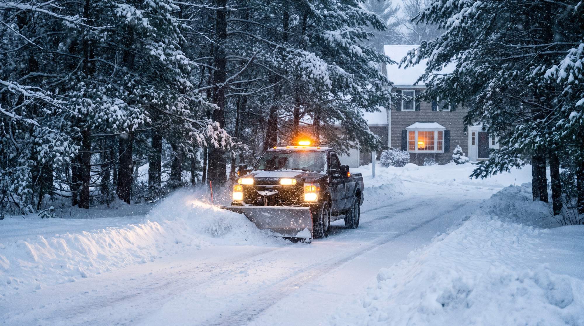 Plow truck clearing a driveway during a snowstorm at dawn, illustrating snow and ice management